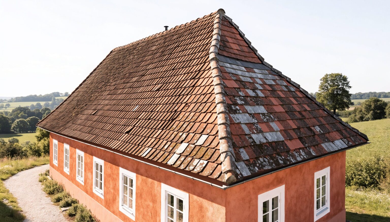 Gepflegtes Haus mit sichtbar altem, sanierungsbedürftigem Ziegeldach im Waldviertel