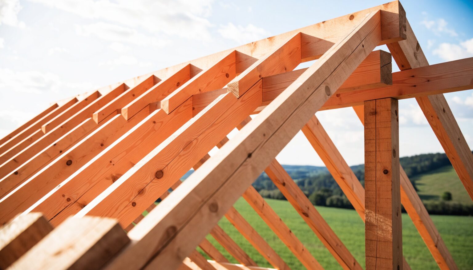 Frisch aufgestellter Holz-Dachstuhl eines Hauses in der Waldviertel-Landschaft