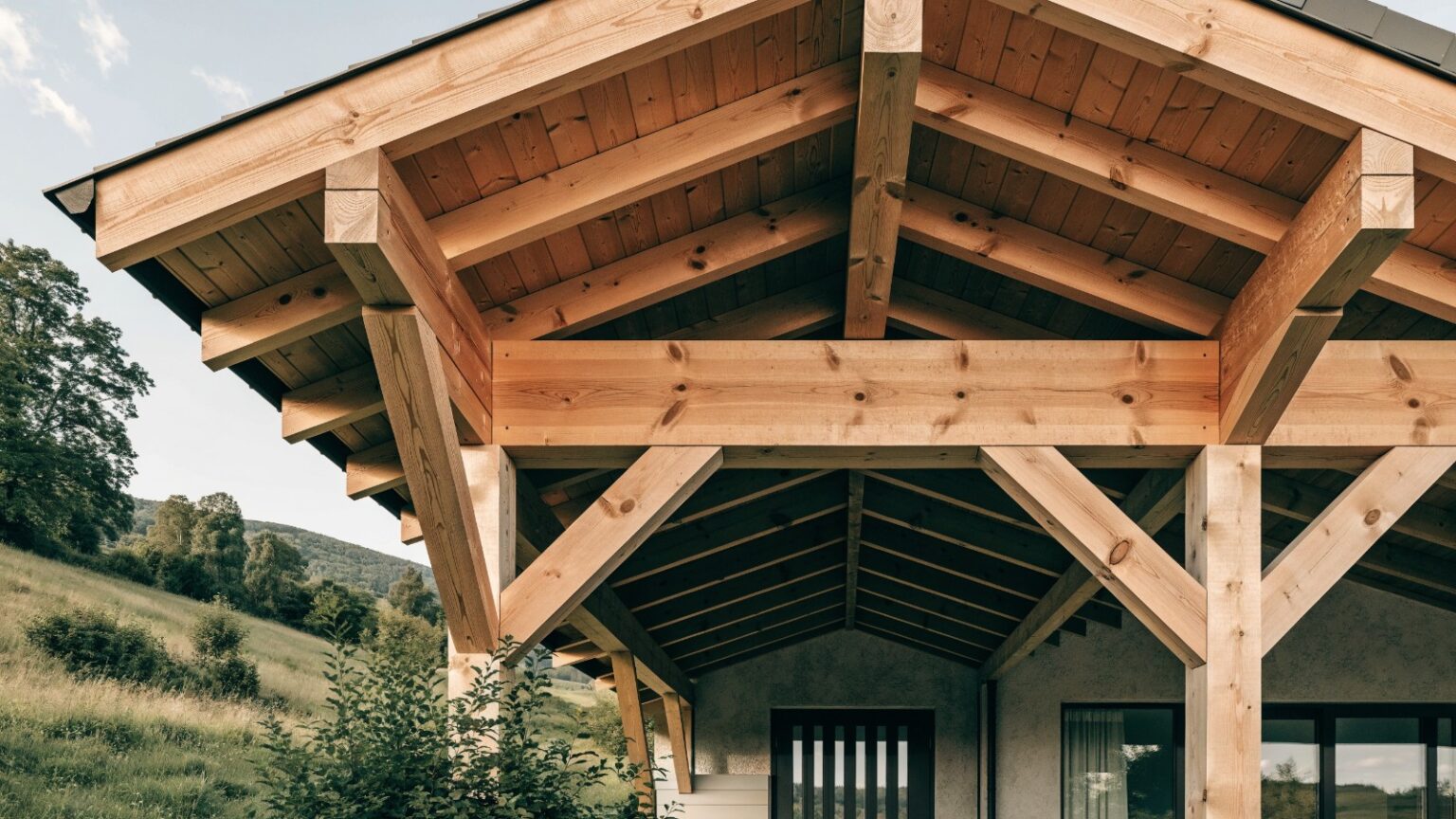 Holz-Vordach mit sichtbaren Sparren und Pfosten aus natürlichem Holz über einem Hauseingang, Zimmermannsarbeit im Waldviertel